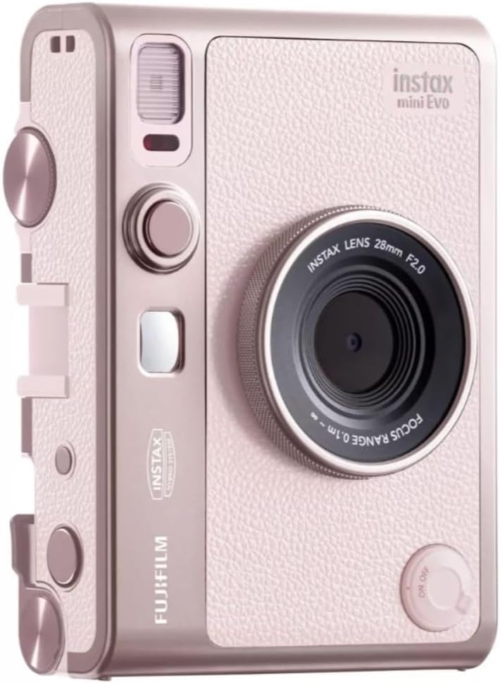 FUJIFILM INSTAX MINI EVO Hybrid Instant Camera | Gentle Rose Bundle with Instax Mini Film | 20 Exposures + 64GB Micro SD Card + Mini Album, Borders, Stickers & Clips + Cleaning Cloth (5 Items)