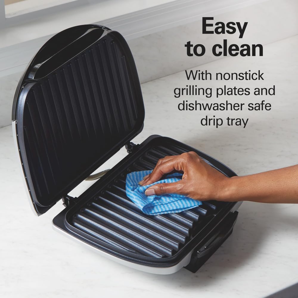 Hamilton Beach Electric Indoor Grill,6-Serving,Large 90 sq. in. Nonstick Easy Clean Plates,Floating Hinge for Thicker Foods,1200 Watts,6.38'D x 12.68'W x 13.78'H,Silver (25371),(Pack of 2)