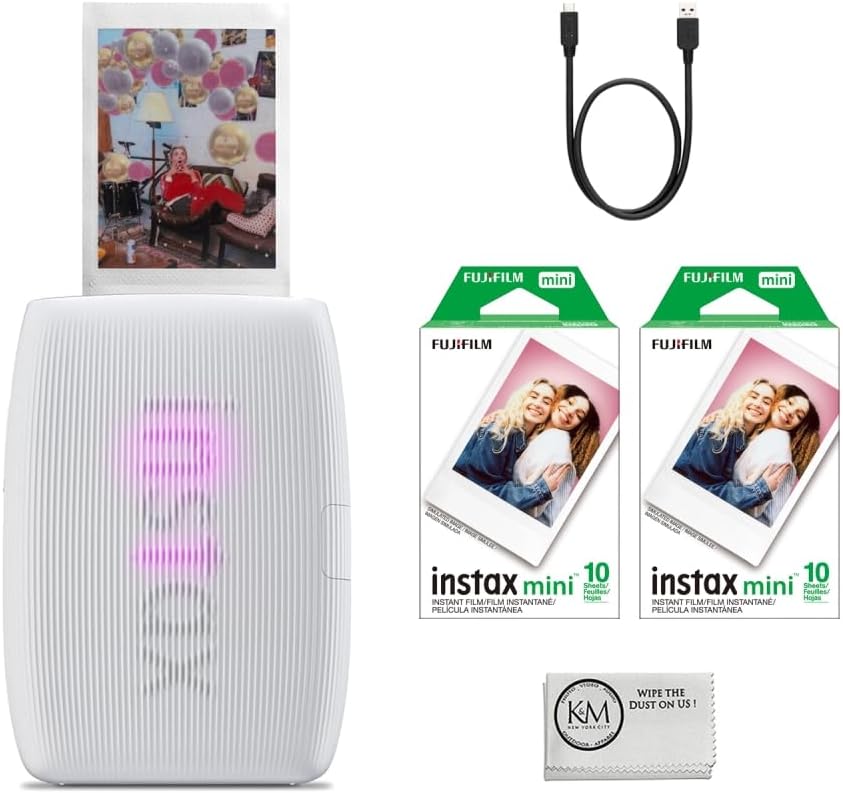 Fujifilm INSTAX Mini Link 3 Smartphone Printer | Clay White Bundled INSTAX Mini Instant Film | 20 Exposures + Microfiber Cleaning Cloth (3 Items)