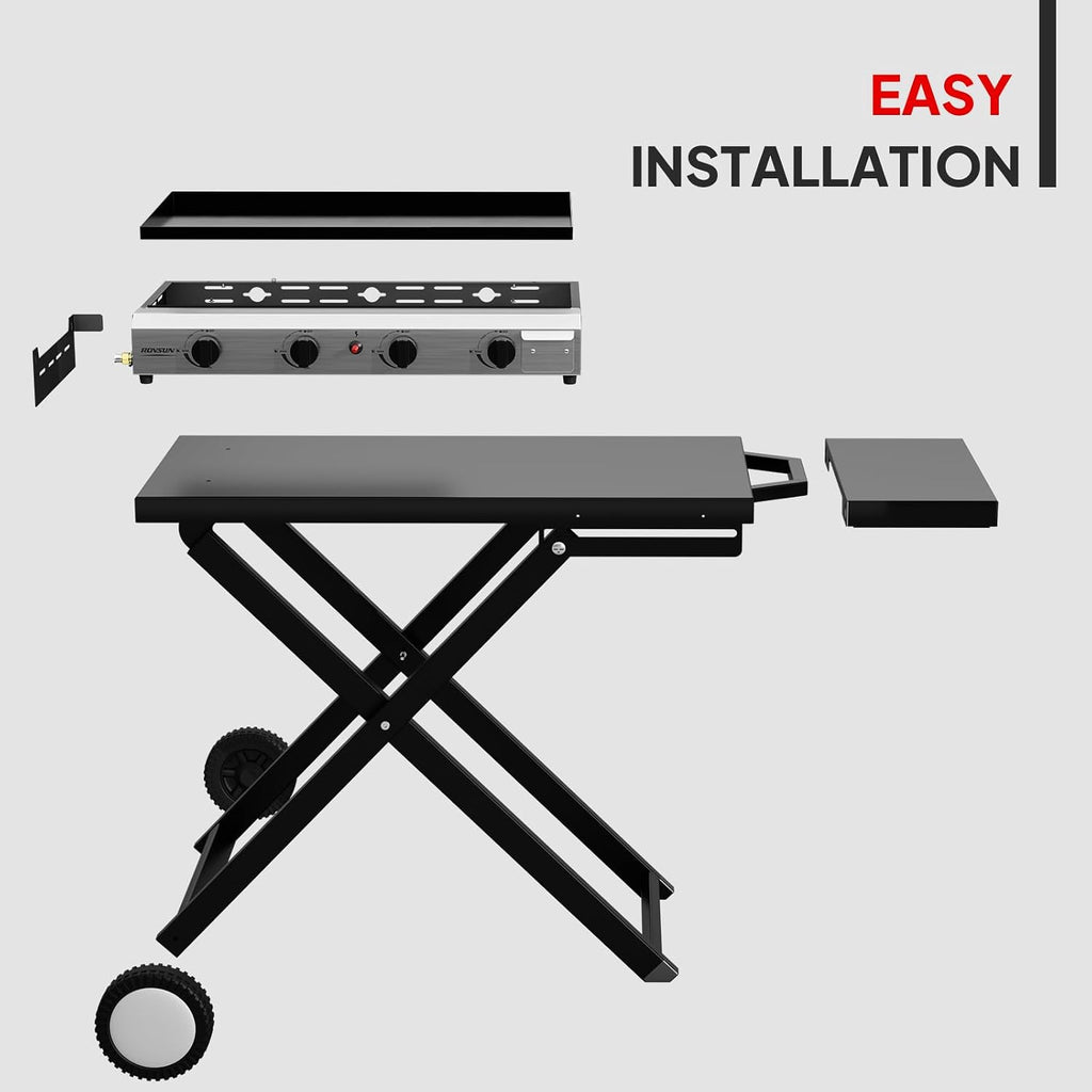 ROVSUN 40000 BTU Foldable Flat Top Gas Grill with Wheels & Enameled Tray, 4 Burner Portable Propane Griddle with Electronic Ignition & Regulator for Outdoor Cooking Camping BBQ Tailgating Picnicking