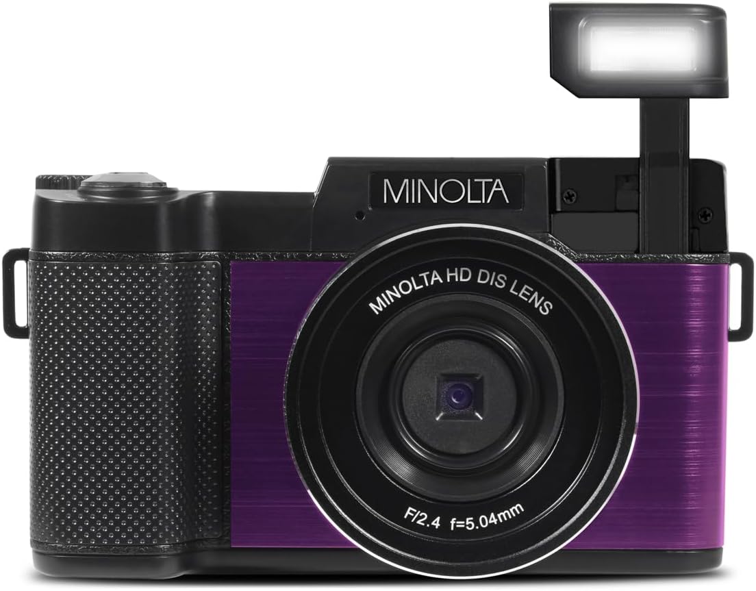 Minolta 30MP Digital Camera – 2.7K Ultra HD Video, 3-inch 180° LCD Screen, Face Detection, Anti-Shake, 9 Scene Modes, Photo Burst, Panorama, CMOS Sensor, 32GB Card (Purple)