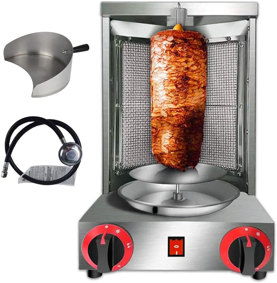 Li Zhen Shawarma Machine Gas Vertical Doner Kebab Machine Shawarma grill Vertical Rotisserie Machine Propane Vertical Broiler with 2 Burner and Meat Catch Pan for Kitchen,(Patented Product)