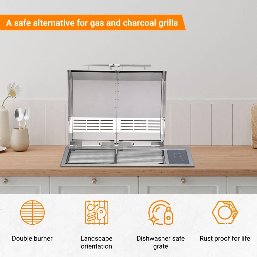 Kenyon Texan Built-In Electric Grill With 2 Burners And IntelliKEN Touch Control, Stainless Steel Body, Rust-Proof Grill, UL-Approved For Indoor And Outdoor Use, Dishwasher Safe Grates, 240V