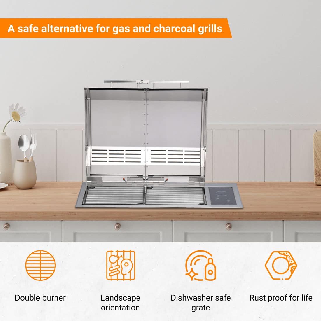 Kenyon Texan Built-In Electric Grill With 2 Burners And IntelliKEN Touch Control, Stainless Steel Body, Rust-Proof Grill, UL-Approved For Indoor And Outdoor Use, Dishwasher Safe Grates, 240V