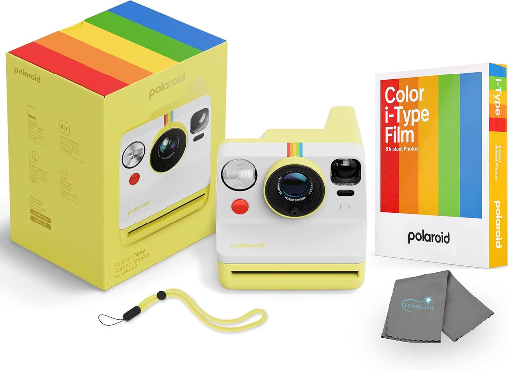 Polaroid Now 3rd Generation i-Type Instant Camera + 8 i-Type Color Film Bundle, Yellow, Polaroid Camera Bundle with a Lumintrail Lens Cleaning Cloth