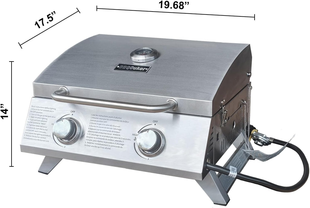 BBQCuker Small Tabletop Gas Grill 2-Burner, Portable Propane Gas Grill with Foldable Legs for Outdoor Camping Cooking Two 10,000 BTU Burners Stainless Steel,Built-in Thermometer