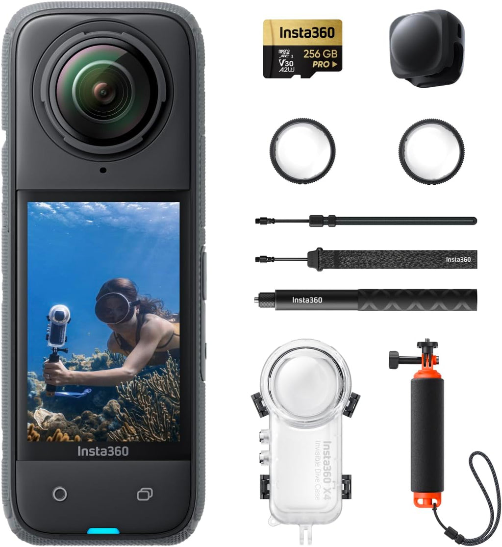 Insta360 X4 Invisible Dive Bundle - 8K Waterproof 360 Action Camera, 4K Wide-Angle Video, Invisible Selfie Stick, Removable Lens Guards, 135 Min Battery Life, AI Editing, Stabilization