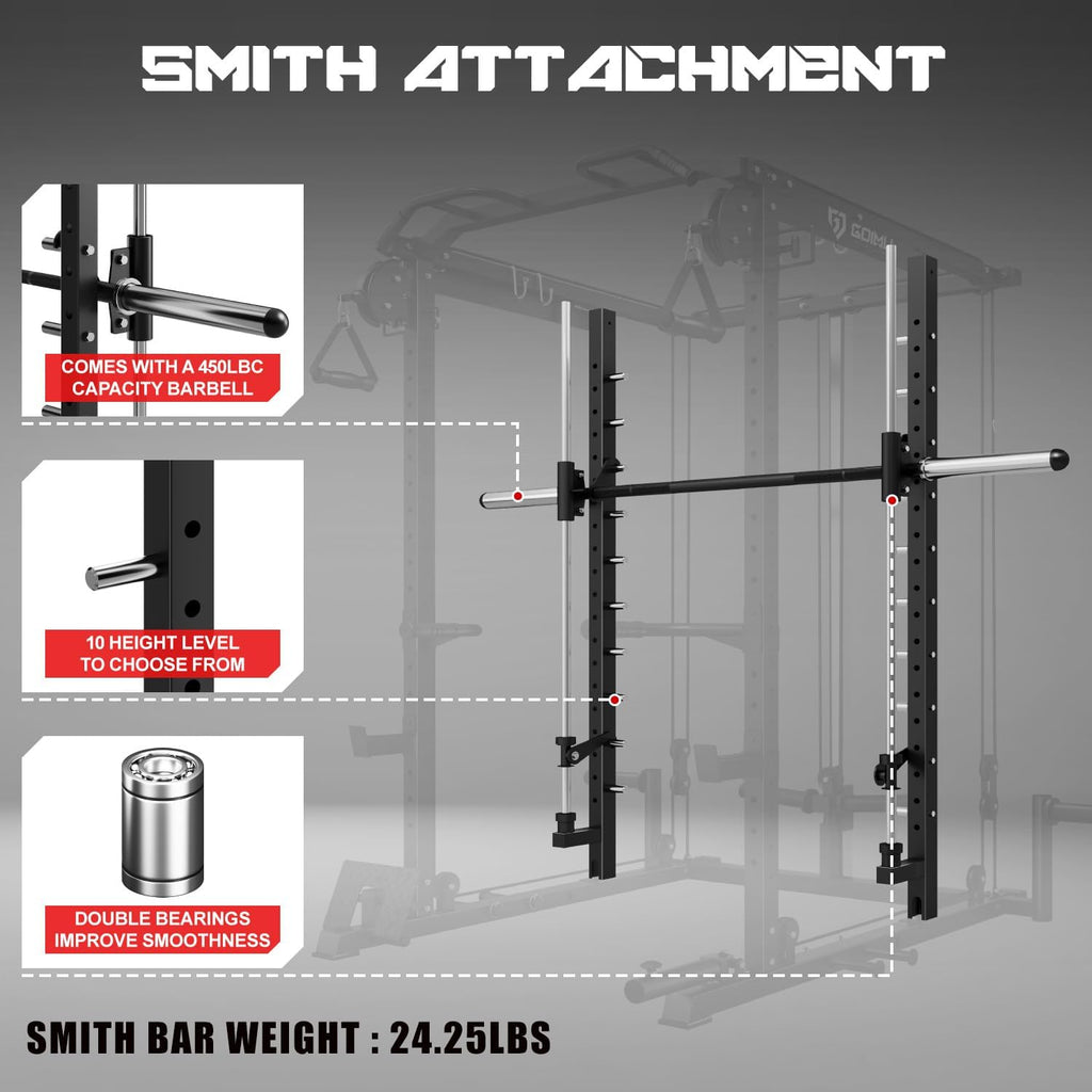 S1-V4 Smith Machine, 2000LBS Power Cage with Cable Crossover System, All-in-One Squat Rack with Smith Bar, Strength Training Equipment for Hone Gym