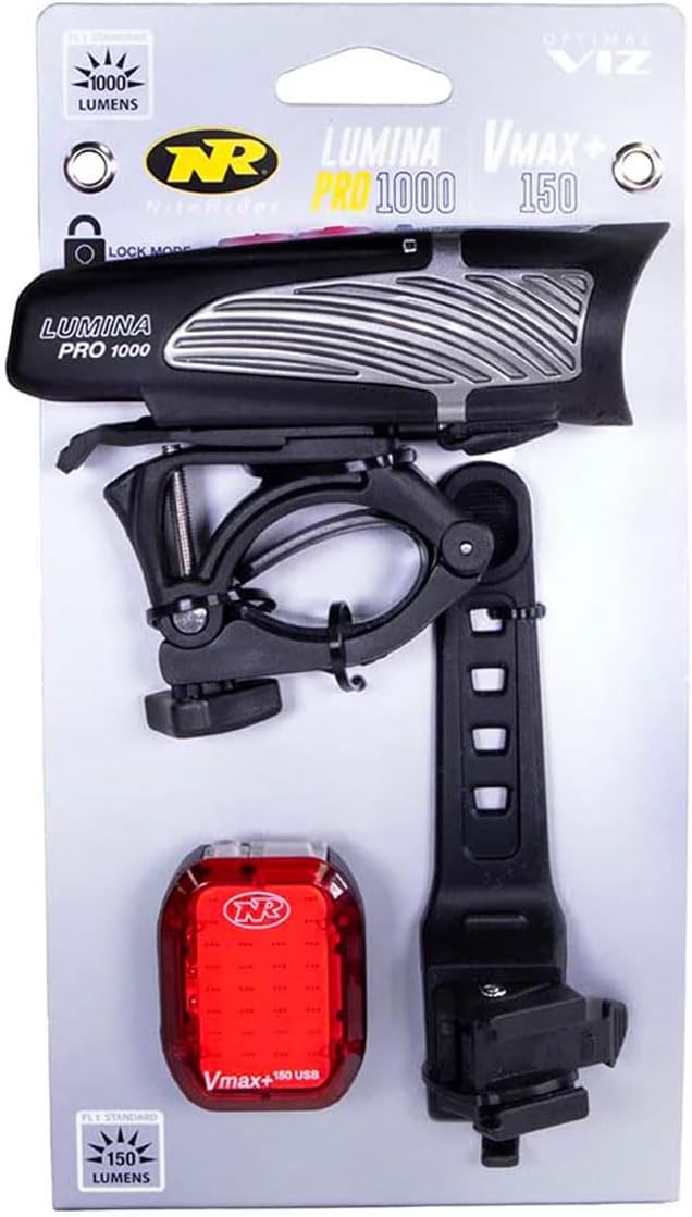 NiteRider Lumina Pro 1000 + Vmax+ 150 Bike Light Set USB-C Rechargeable Bicycle Headlight LED Front and Rear Combo IP64 Water Resistant Mountain Road City Commuting Cycling Safety Flash
