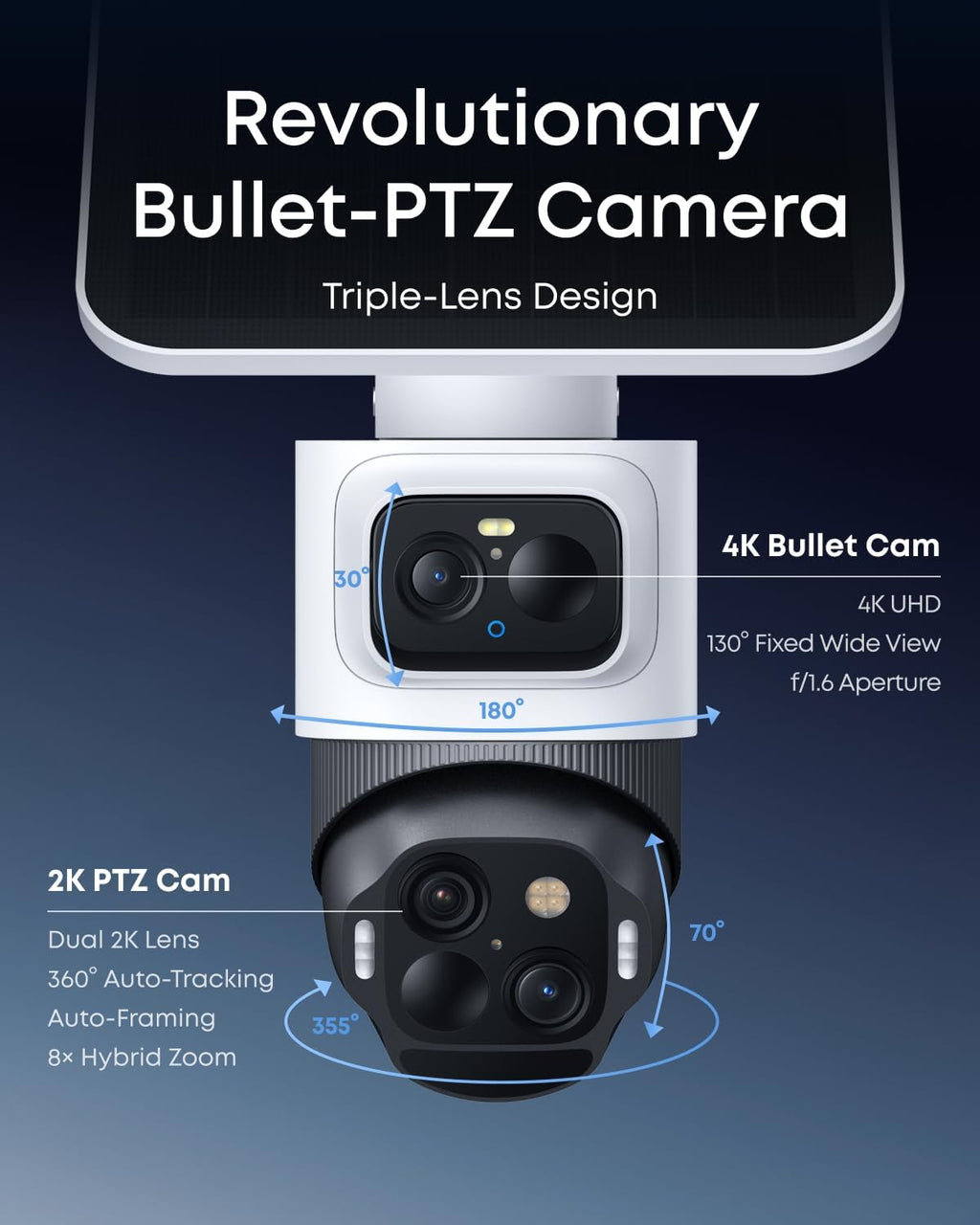 eufy Security eufyCam S4 2-Cam Kit,4K Solar Camera Wireless Outdoor, 3-Lens Bullet-PTZ Cam, 360°View Cross-Cam Track, Al Recognition, 8X 2oom, Color Night Vision, 0 Monthly Fee, Expandable up to 16TB