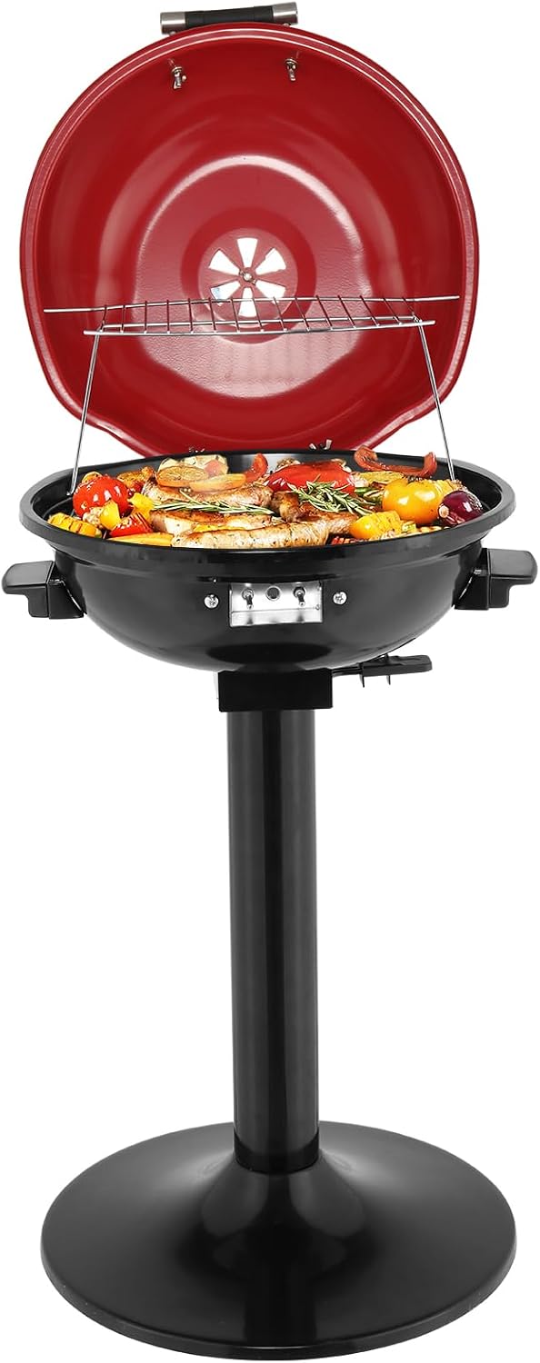 Electric BBQ Grill with Stand, 1600W Portable Indoor Outdoor Electric Grill with Lid and Warming Rack, Double Layer Design, Adjustable Temperature Control, Fits 10 Burgers, Backyard Cooking Red