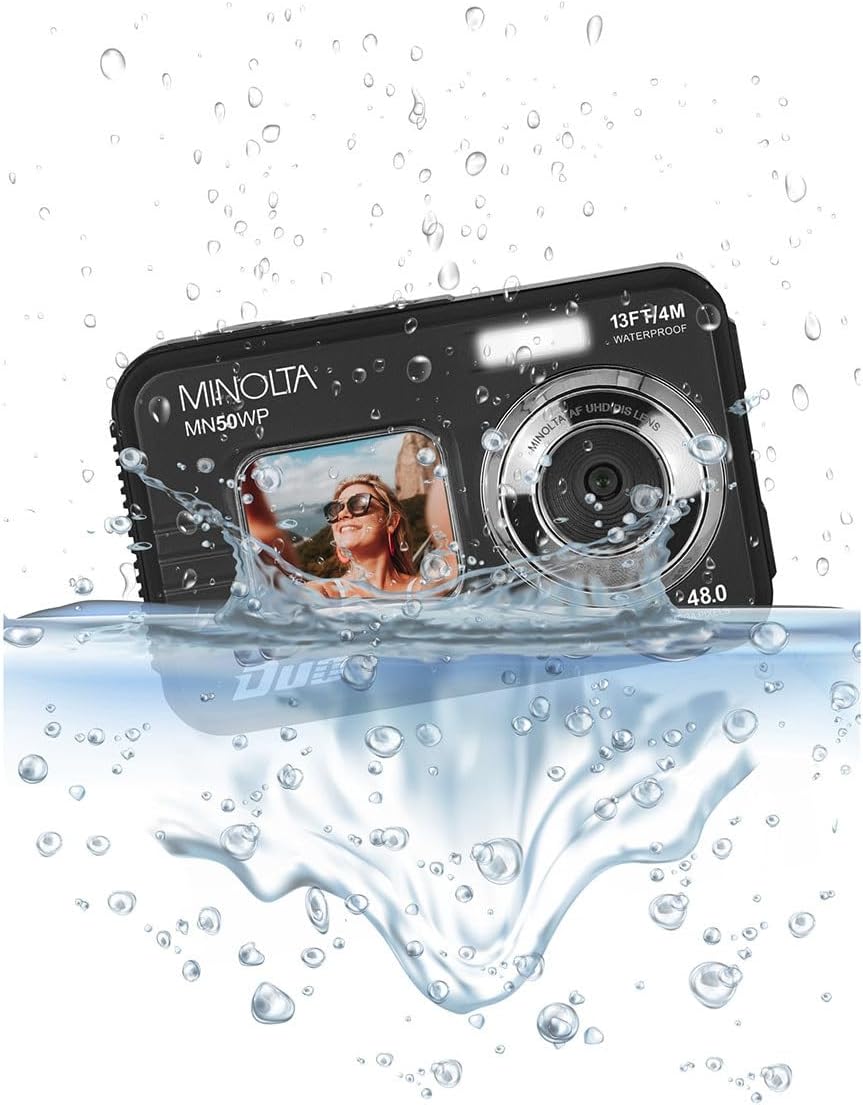 Minolta 48MP Underwater Digital Camera – 5K Ultra HD Video, Autofocus, 16x Digital Zoom, Dual LCD Screens, Selfie Front Screen, Waterproof to 13ft, Rechargeable Battery, 32GB Card (Black)