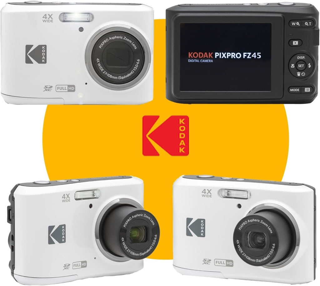 KODAK PIXPRO FZ45 16MP Digital Camera with 4X Optical Zoom 27mm Wide Angle and 2.7' LCD Screen Bundle with 32GB SD Memory Card, AA Batteries (4 Pack), Lens Cleaning Cloth (White)