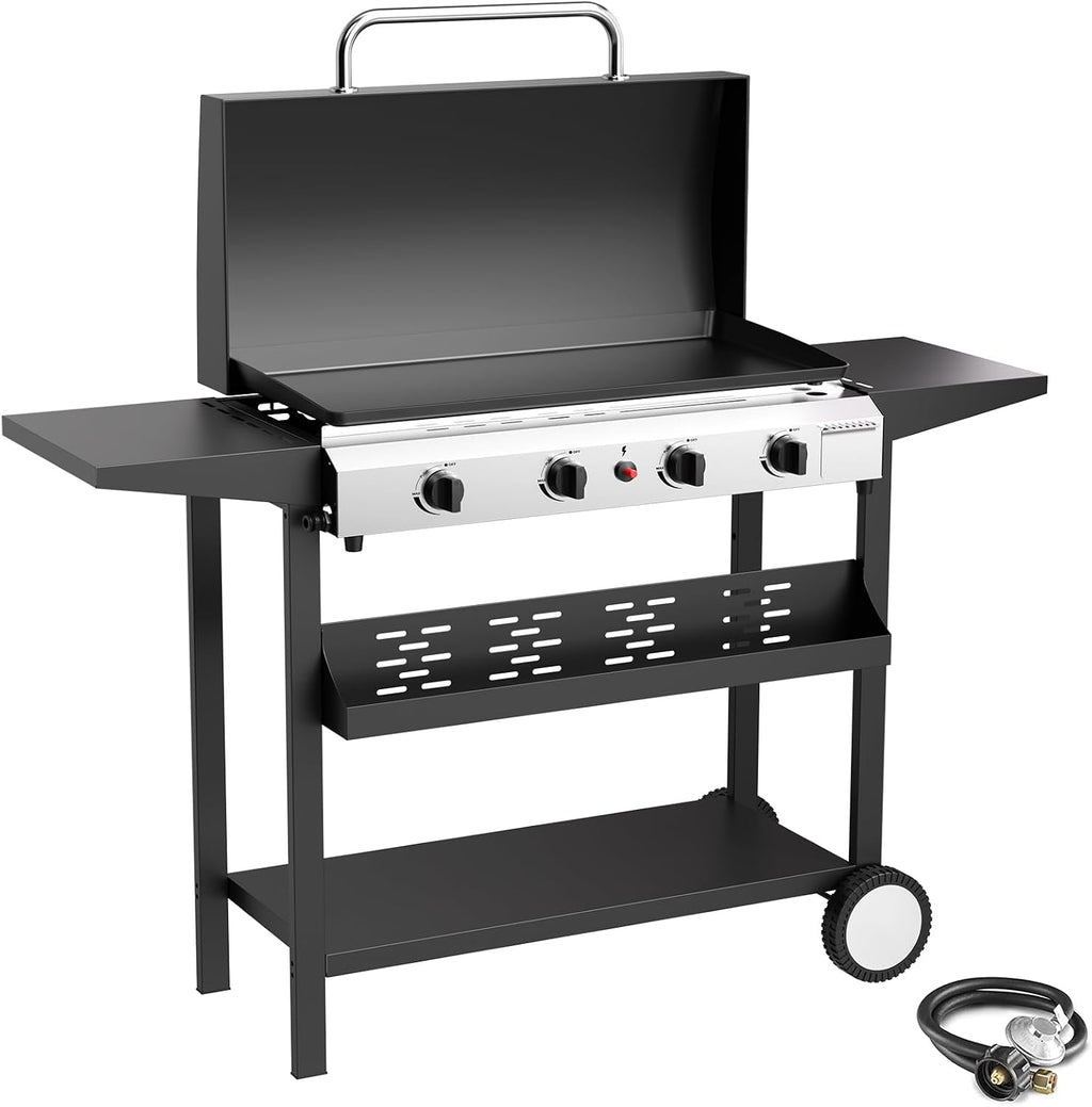 4 Burner BBQ Gas Griddle with Hood, 30 Inch Stainless Steel Portable Detachable Propane Griddle, 60,000 BTU Flat Top Grill with Side Shelves for Camping Tailgating, Silver