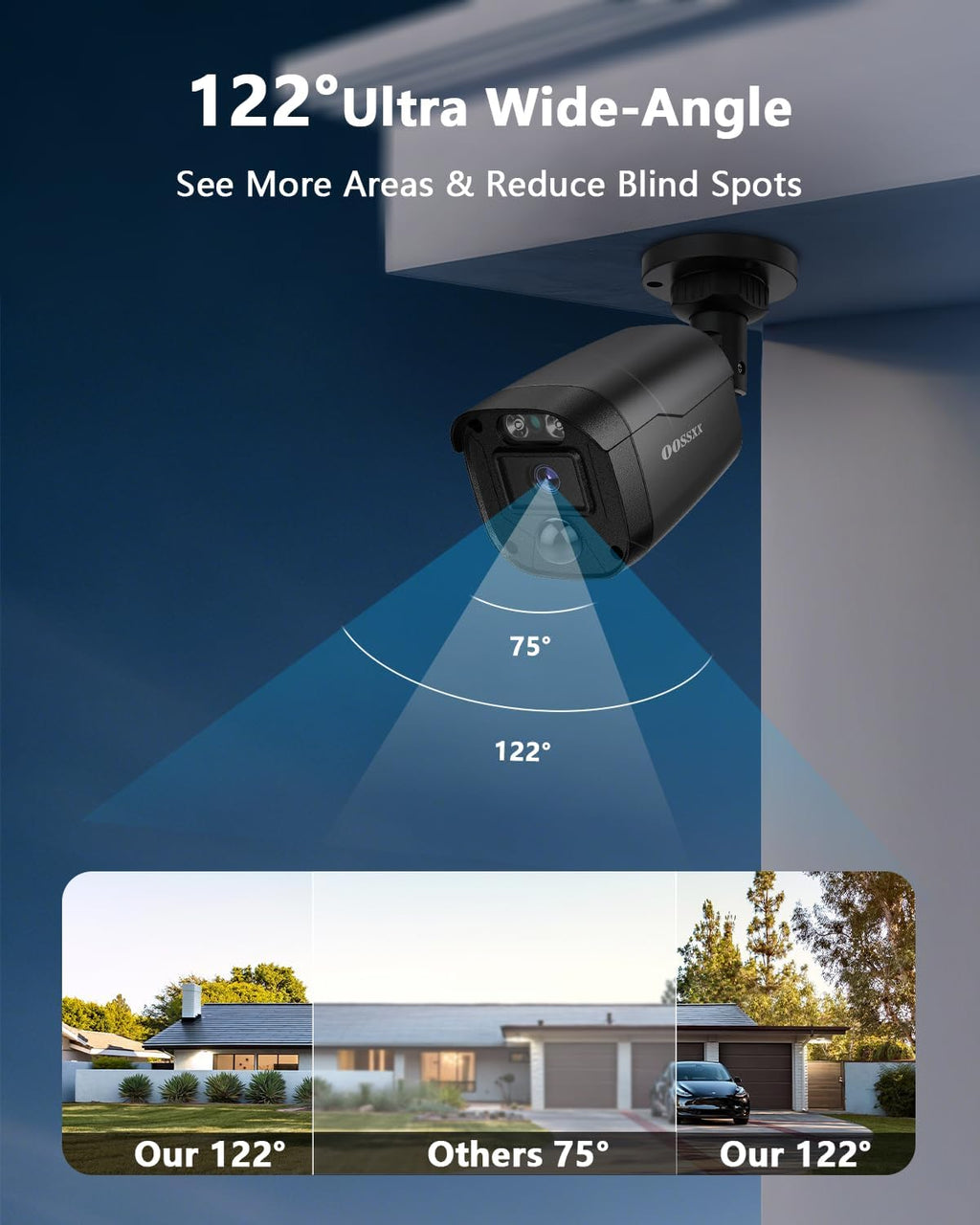 OOSSXX 5MP Wired CCTV Security Camera System with 122 Ultra Wide Angle, 4CH HD DVR Kit, 4X IP66 Indoor Outdoor Cameras, 65ft IR Night Vision, Free App, No Subscription Fee, Remote Access