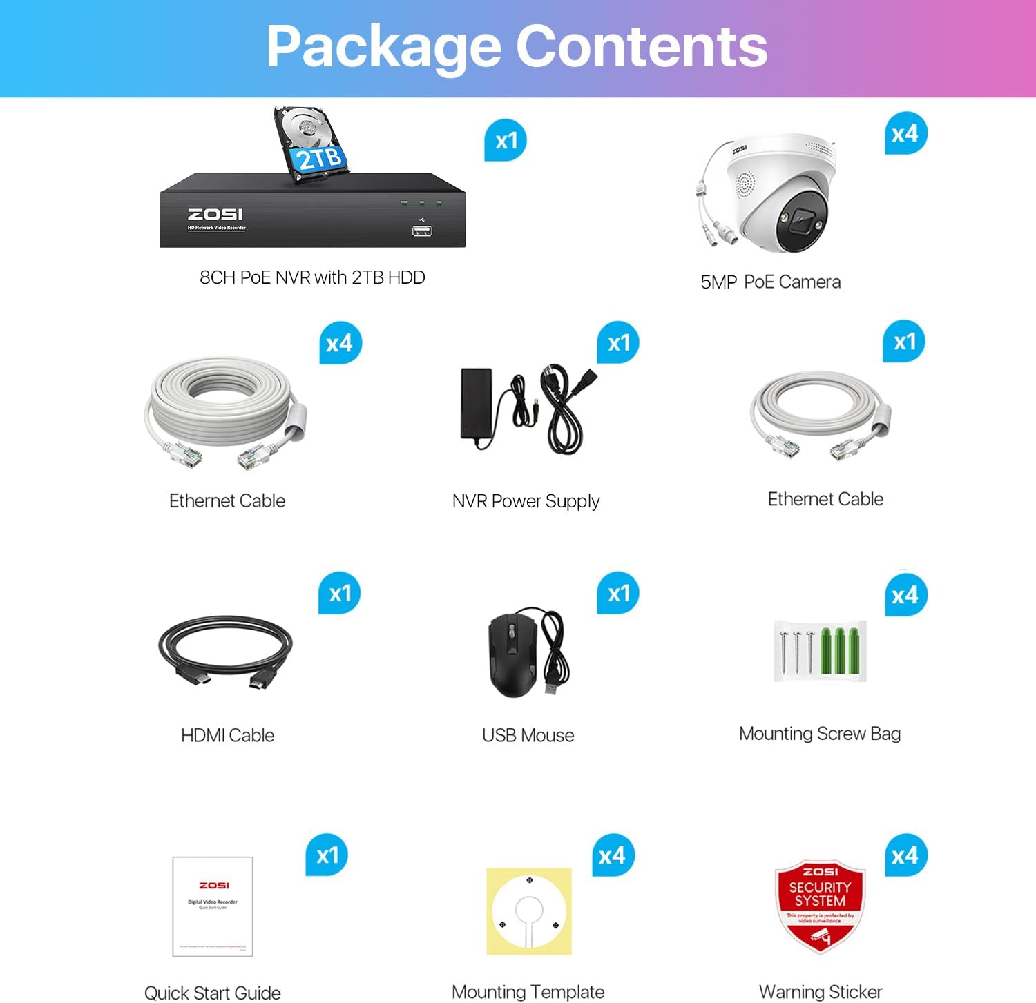 ZOSI 4K Spotlight PoE Security Camera System with Person Vehicle Detection,2 Way Audio,Color Night Vision,8 Port 16CH 8MP NVR with 2TB HDD,4pcs 5MP Outdoor PoE IP Cameras for Home 24/7 Recording