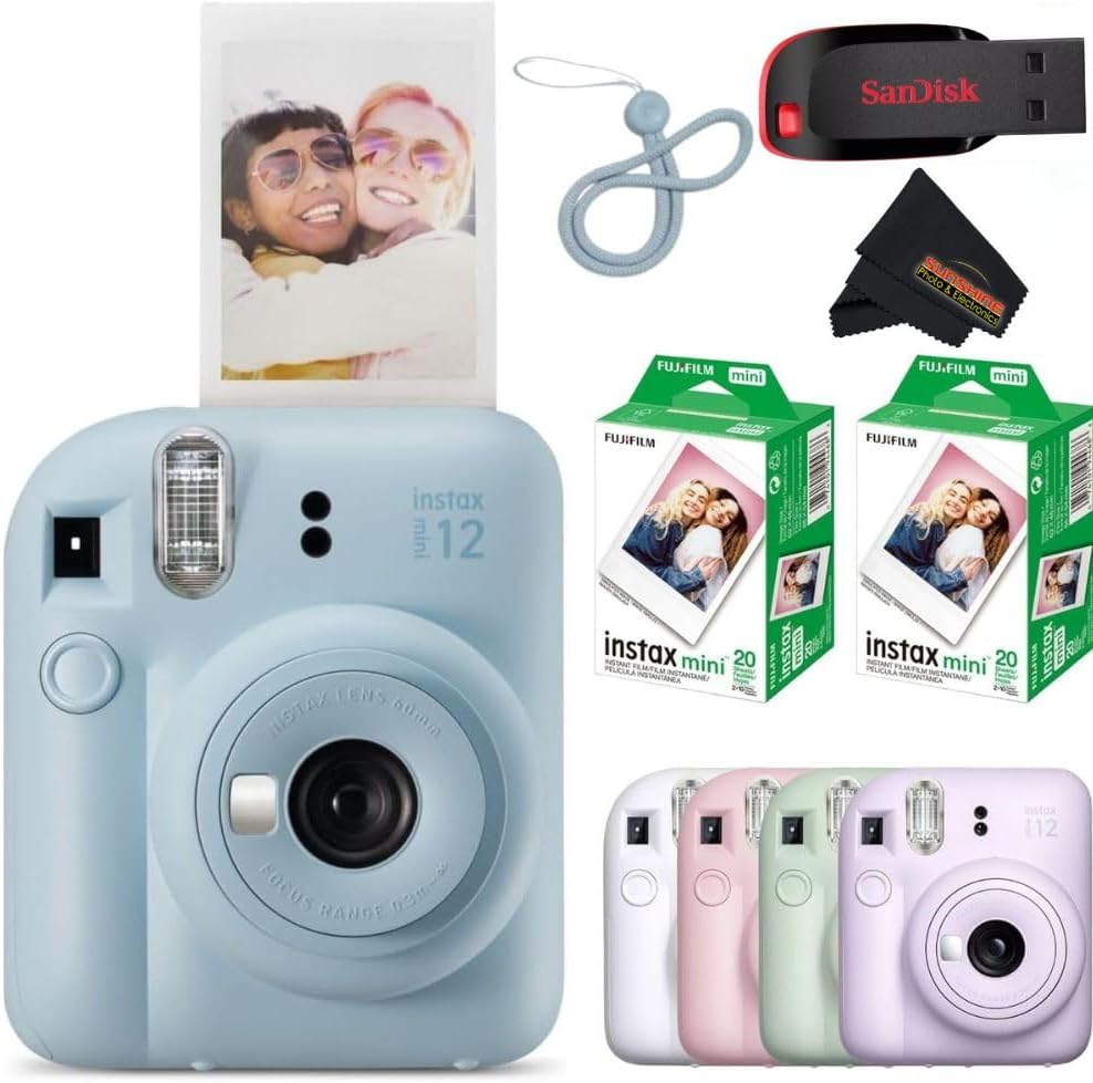 Fujifilm Instax Mini 12 Instant Camera Pastel Blue with Sandisk 32 GB USB Flash Drive + 40 Sheets Fujifilm Instax Mini Film and Sunshine Photo Microfiber Cleaning Cloth Bundle