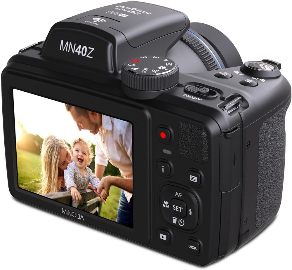 MINOLTA MN40Z 20 Mega Pixels 40x Optical Zoom Digital Camera with 1080p FHD Video, Black, Bundle with 64GB Memory Card + Vlog Tripod + 4xAA Battery with Charger + Accessories