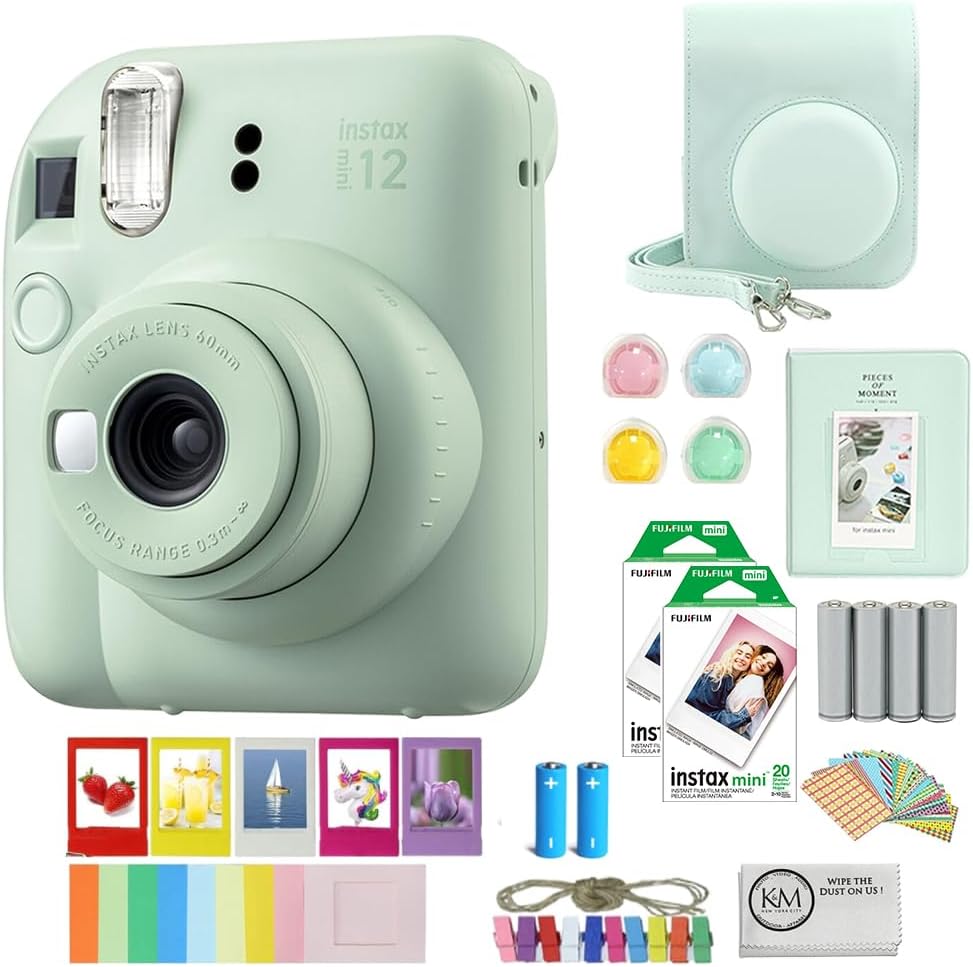 FUJIFILM INSTAX Mini 12 Instant Film Camera | Mint Green Bundled with INSTAX Mini Instant Film |40 Exposures + Instax Accessory Bundle + AA Batteries + Cleaning Cloth (10 Items)
