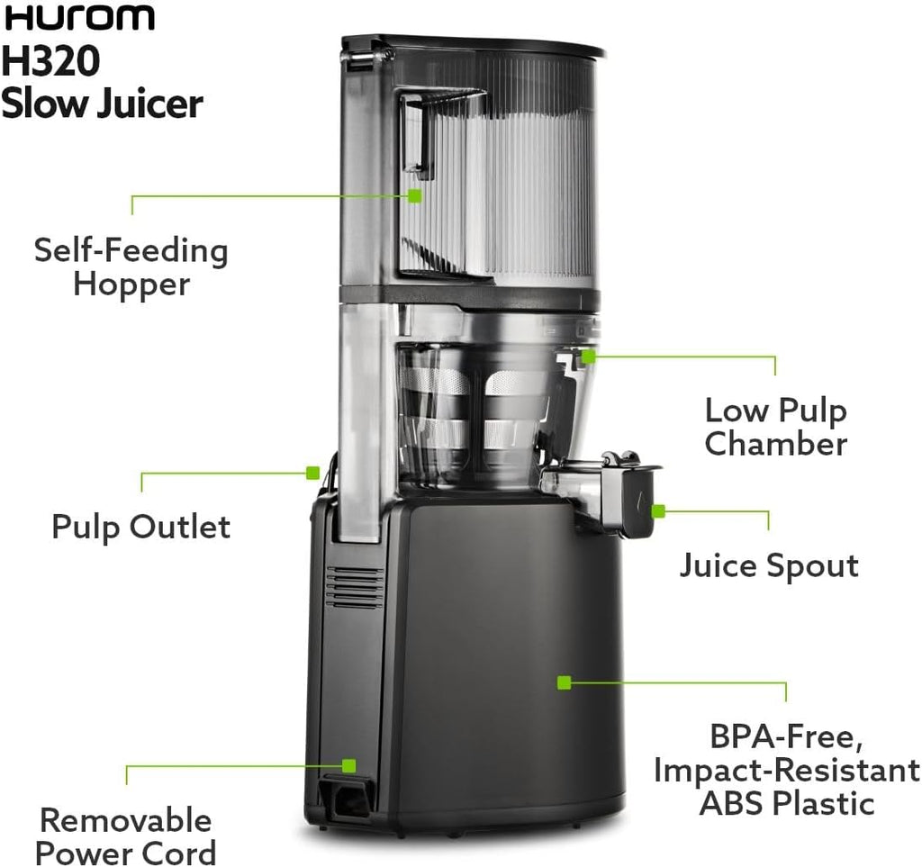 Hurom H320 Cold Press Juicer Machine, Easy to Clean Masticating Slow Juicer, Coarse Strainers, Self-Feeding, Hands Free, Family Size, Quiet Motor, Easy Assembly (Black)