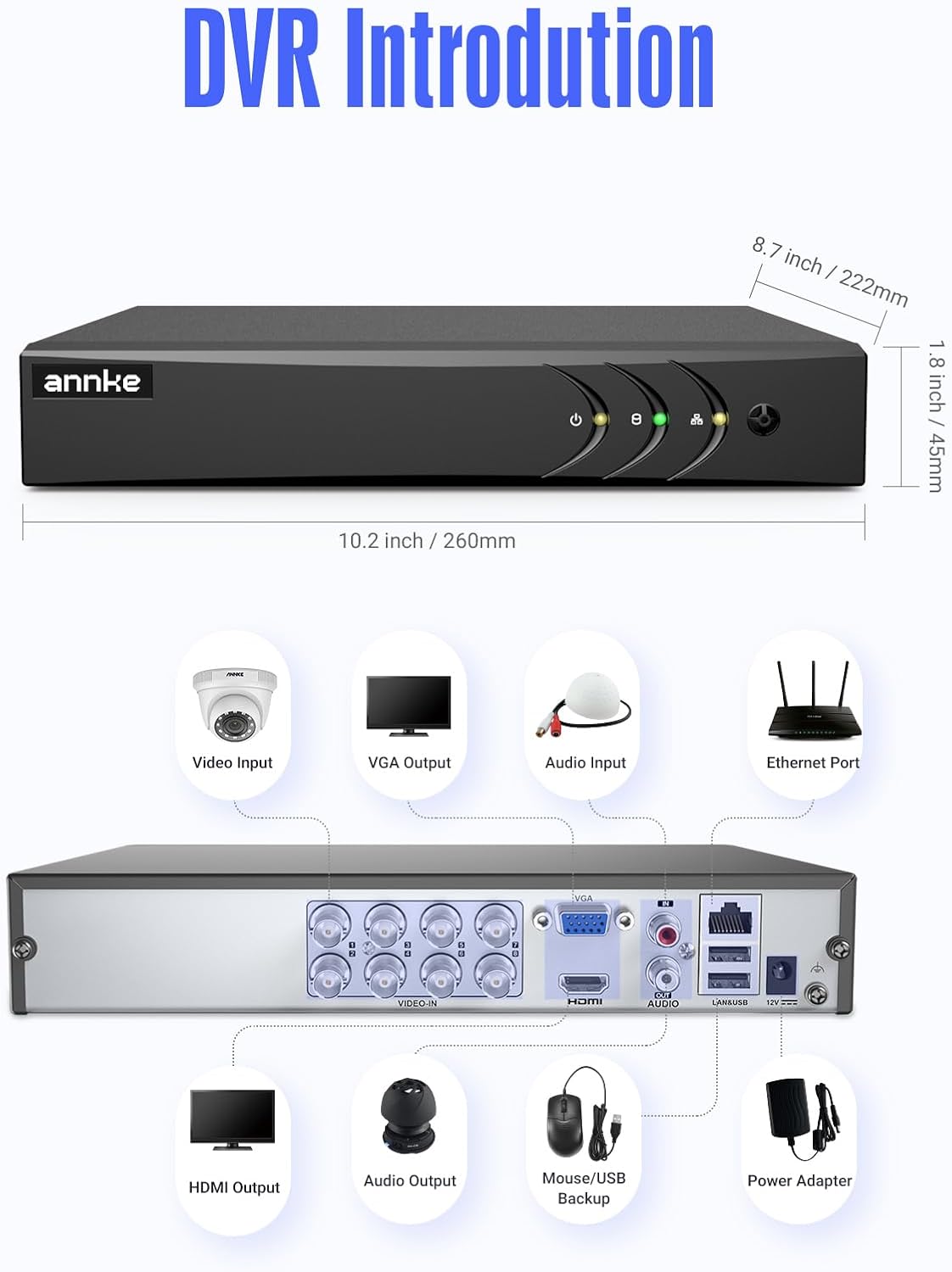 ANNKE 3K Lite 8 Channel Hybrid 5-in-1 Security Digital Video Recorder, H.265+ Surveillance DVR Supports 8CH Analog and 2CH 6MP IP Cameras, Remote Access, AI Human&Vehicle Detection, 1TB Hard Drive