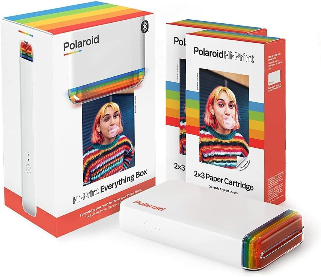 Polaroid Originals Hi-Print Bluetooth Photo Printer Bundle with Cartridge (2-Pack) and Film Kit with Acrylic Frames, Hanging Frames, and Stationery Storage Box (4 Items)