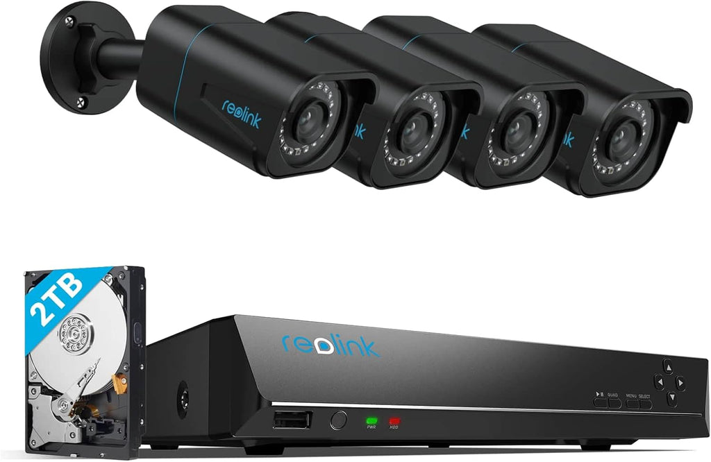 REOLINK 4K Security Camera System, 4pcs H.265 PoE Security Cameras Wired with Person Vehicle Detection, 8MP/4K 8CH NVR with 2TB HDD for 24-7 Recording, RLK8-800B4 Black