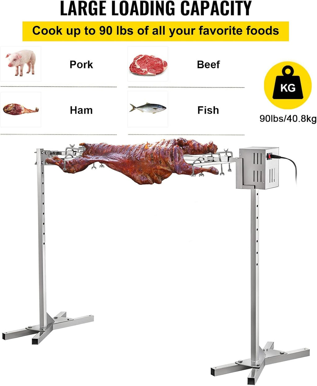VBENLEM 46'' Electric BBQ Rotisserie Grill Kit，Max Capacity 90 LB ,Automatic 32W Motor and Height Adjustable Stainless Steel Roaster Stand for Pig Rotisserie Hog Lamb Outdoor Party Campfire Barbecue