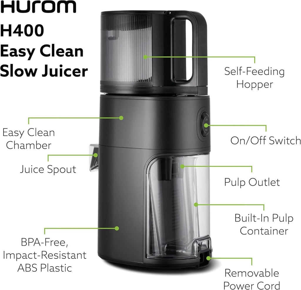 Hurom H400 Easy Clean Slow Juicer, Matte Black | Hands Free | Hopper Fits Whole Produce | Quiet Motor | BPA Free | Easy Assembly | Healthy Living | Cold Press Masticating Juicer (Titanium)
