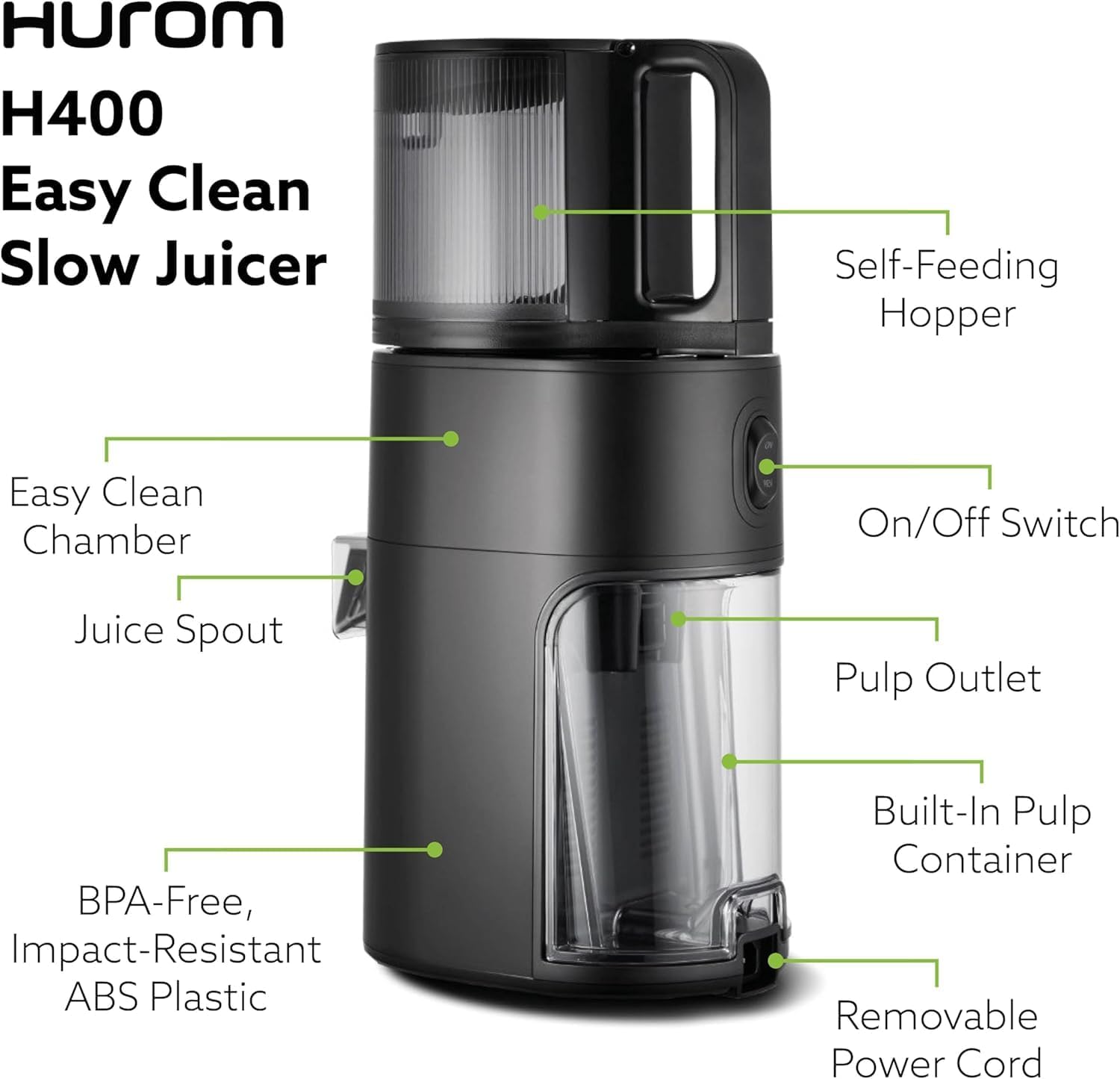 Hurom H400 Easy Clean Slow Juicer, Matte Black | Hands Free | Hopper Fits Whole Produce | Quiet Motor | BPA Free | Easy Assembly | Healthy Living | Cold Press Masticating Juicer (Titanium)