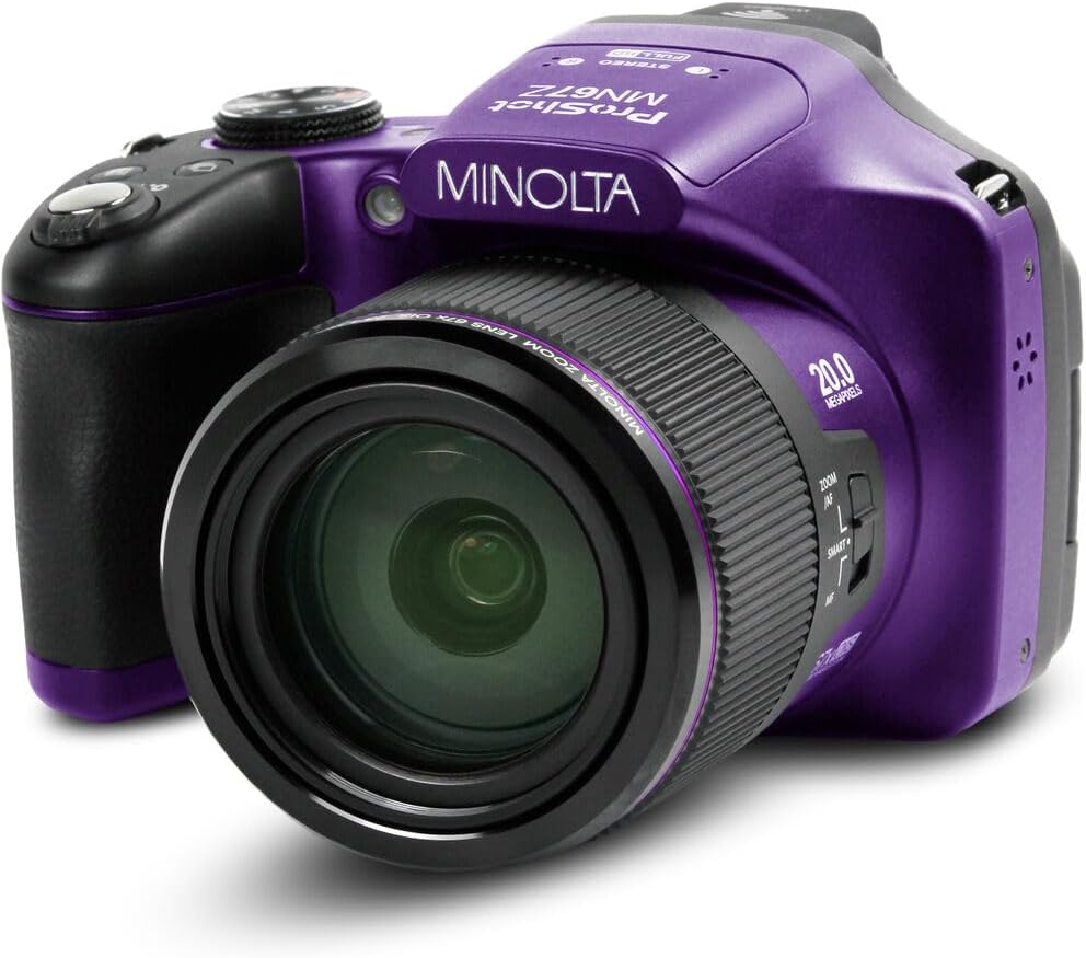 MINOLTA MN67Z 20 MP / 1080P FHD Bridge Digital Camera w/67x Optical Zoom (Purple) Bundle with 32GB Memory Card + Camara Bag + Cleaning Kit + Vlogging Tripod + Accessories