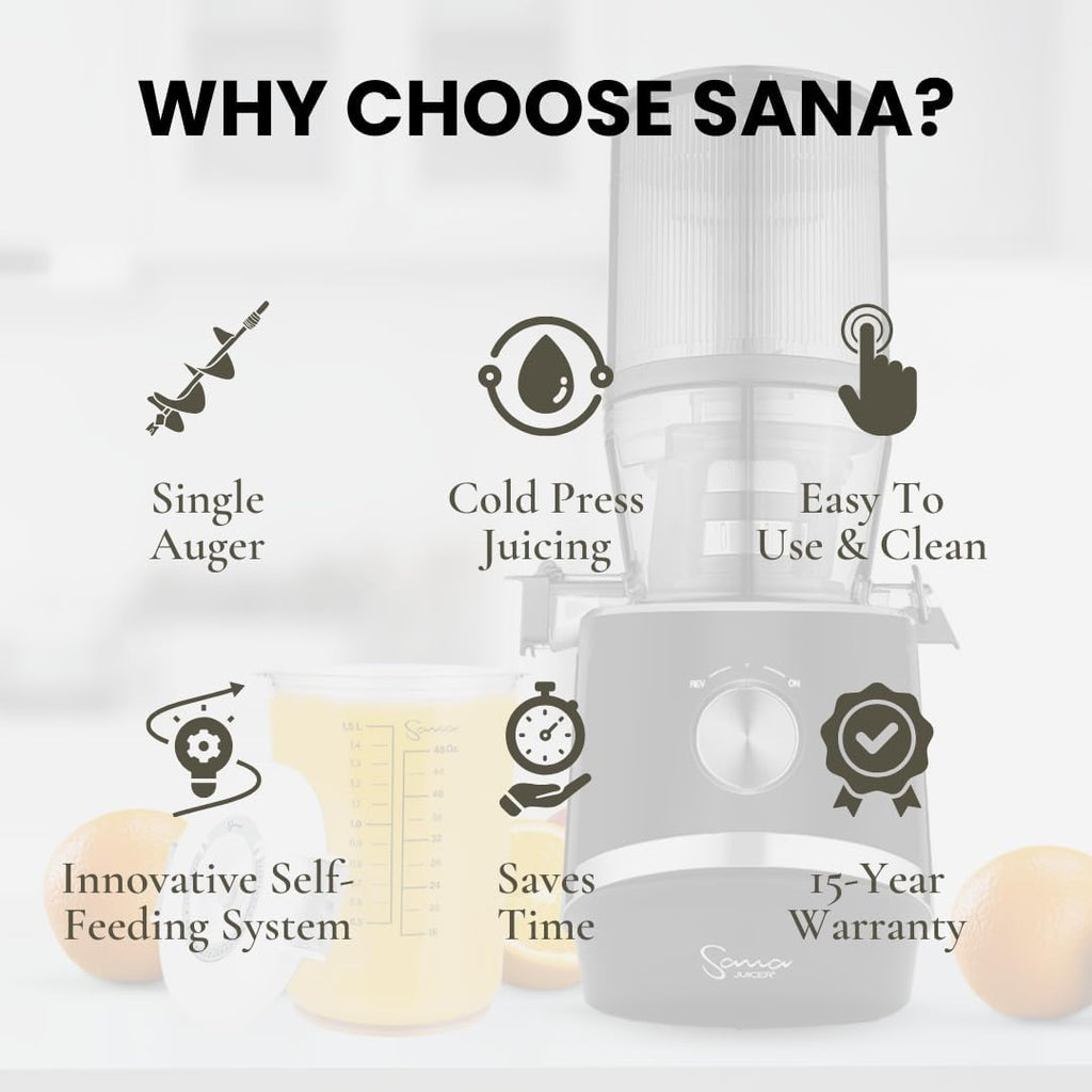 Sana 878 Self Feeding Batch Juicer | 3 Days of Cold Press Juicing Effortlessly | Most Convenient Juicer with Autopilot Configuration | Large Batch 2 Liter Capacity | Whole Fruits & Vegetables | Black