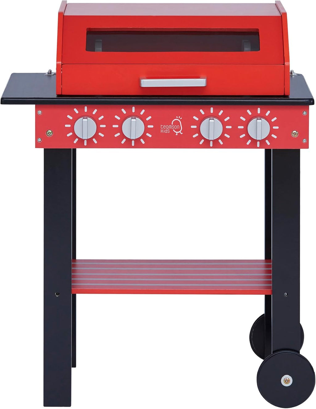 Teamson Kids Little Helper Backyard Pretend Propane BBQ Grill Interactive Wooden Play Set with Accessories and Storage Space for Easy Clean Up, Red
