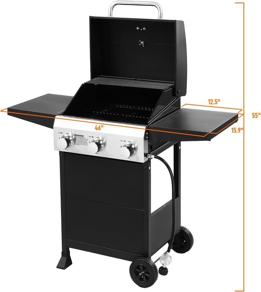 ROVSUN 3-Burner Propane Gas BBQ Grill with Foldable Side Tables & Enameled Cast Iron Grates, 36,000 BTU Barbecue Grill with Portable Wheels for Outdoor Patio Backyard Cooking Grilling, Black