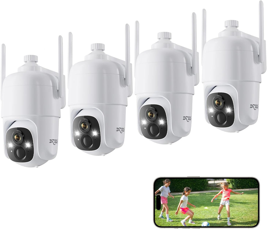 Dzees 360° PTZ Security Cameras Wireless Outdoor WiFi, 2K Battery Powered Home Security Camera Indoor, Spotlight & Siren, Color Night Vision, 2-Way Talk, AI Motion Detection, IP66, SD/Cloud 4-Pack