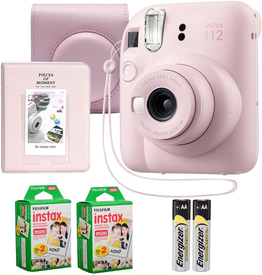 Fujifilm Instax Mini 12 Instant Camera Blossom Pink Bundle – Includes 40-Sheets Instax Mini Film, Protective Case, and Mini Photo Album