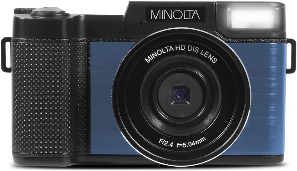 Minolta 30MP Digital Camera – 2.7K Ultra HD Video, 3-inch 180° LCD Screen, Face Detection, Anti-Shake, 9 Scene Modes, Photo Burst, Panorama, CMOS Sensor, 32GB Card (Blue)