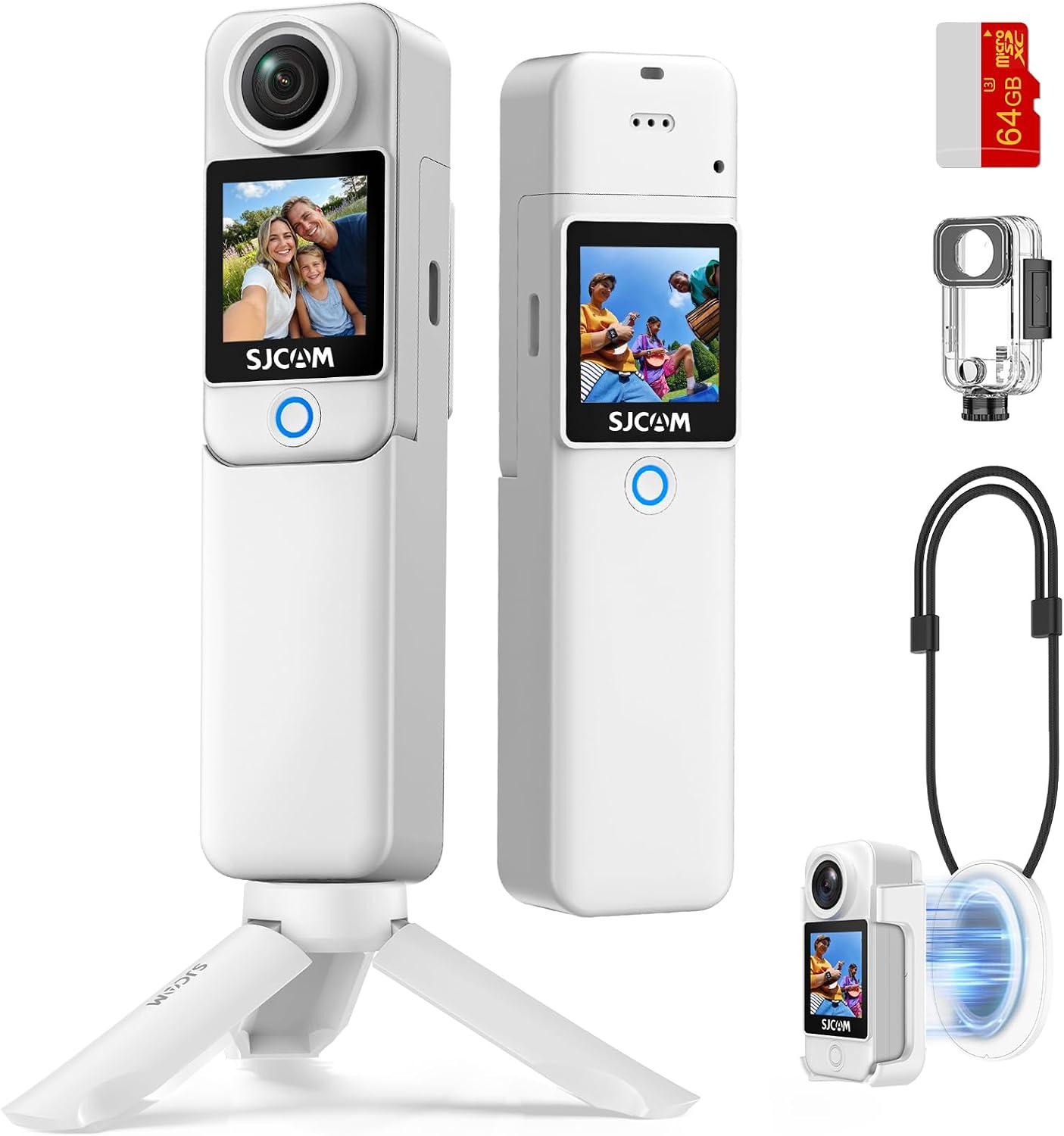 SJCAM C300 Vlogging Camera,64GB 4K Action Camera,Magnetic Body Cam & Handheld Detachable Design, Vlogs for Content Creators YouTube Streaming,7Hour Power,Stabilization,Waterproof,White