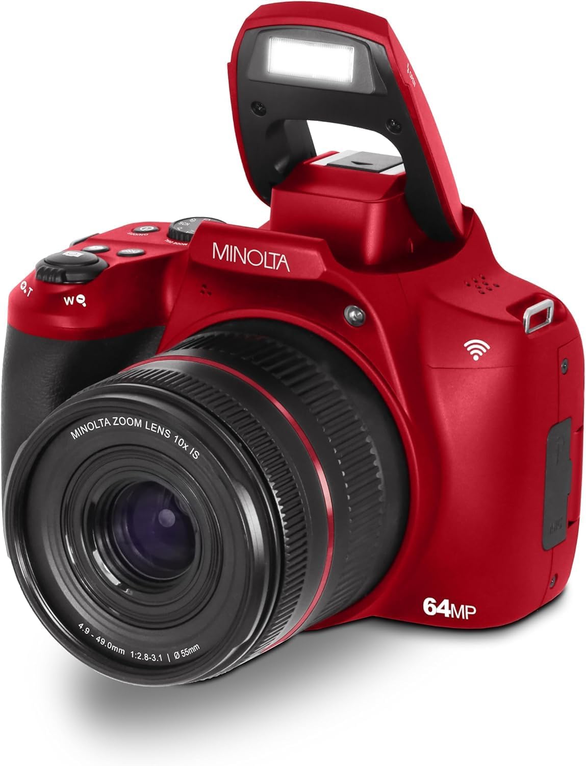 Minolta ProShot 64MP Digital Camera – 10x Optical Zoom, 4K Ultra HD Video, Macro Shooting, Anti-Shake, 3-inch LCD Screen, Face Detection – Includes 32GB SD Card, Battery & Case (Red)