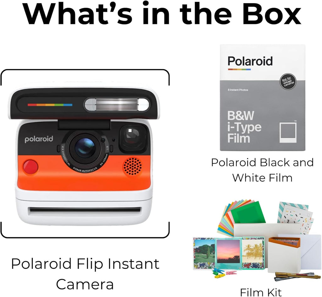 Polaroid Flip Instant Camera with Sonar Autofocus, Retro Design (White) Bundle with Black and White Film and Film Kit (3 Items)