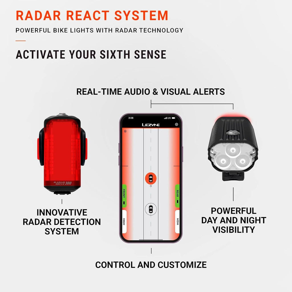LEZYNE Radar React System, Front & Rear LED Bike Lights - Bright IPX7 Waterproof Day/Nighttime Cycling Road Visibility Headlight & Taillight - Automatic Radar Vehicle Detection, Visual/Audio Alerts