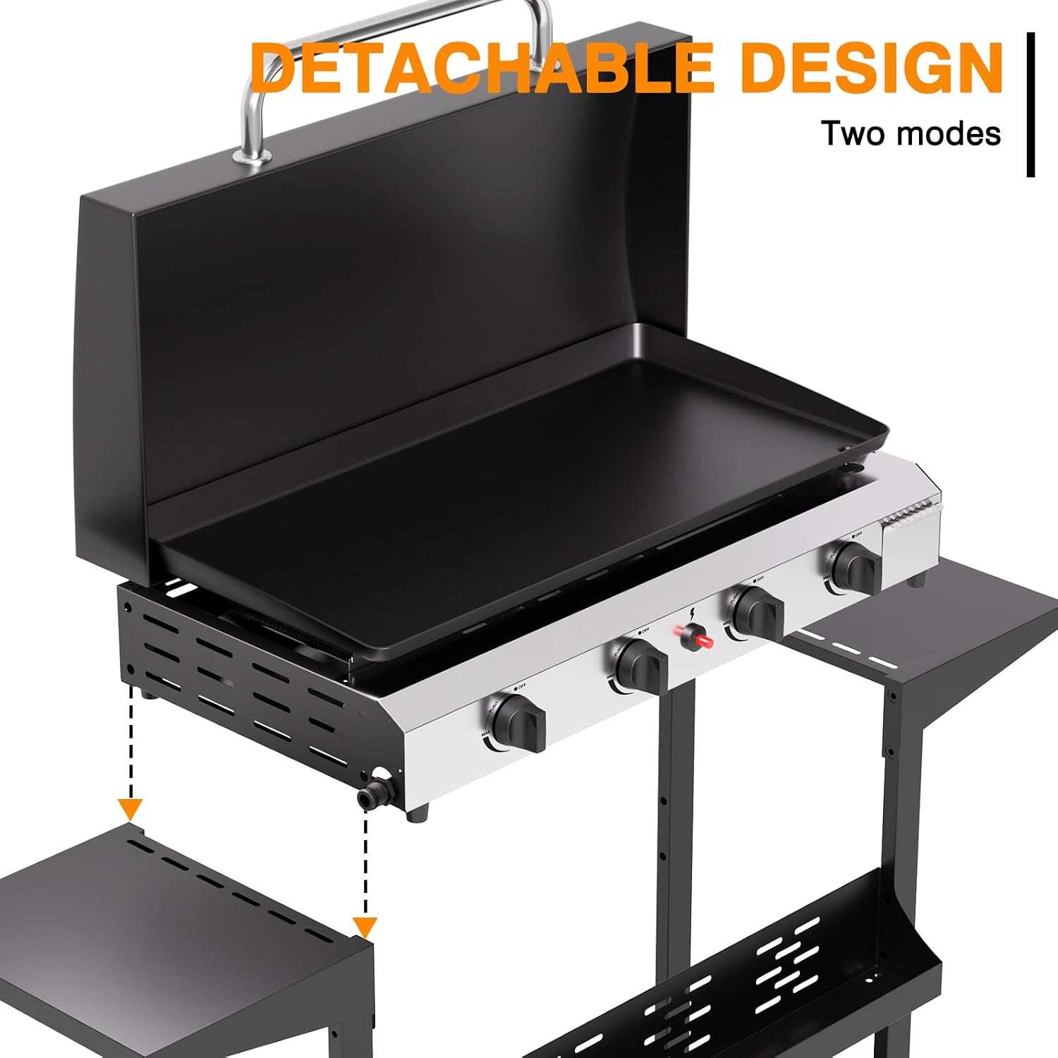 4 Burner BBQ Gas Griddle with Hood, 30 Inch Stainless Steel Portable Detachable Propane Griddle, 60,000 BTU Flat Top Grill with Side Shelves for Camping Tailgating, Silver