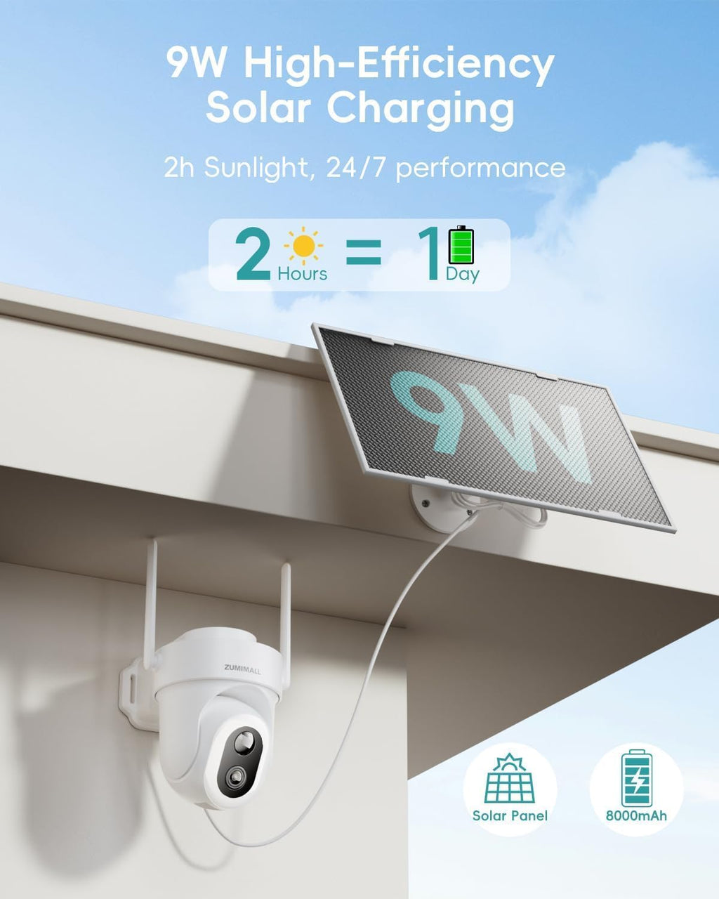 ZUMIMALL 9W Solar Security Cameras Wireless Outdoor, AOV 24/7 Recording Cameras for Home Security, 360° View, 2K Color Night Vision, 2-Way Talk, 2.4GHz WiFi, Auto Tracking, SD/Cloud/Alexa/AI (2-Pack)