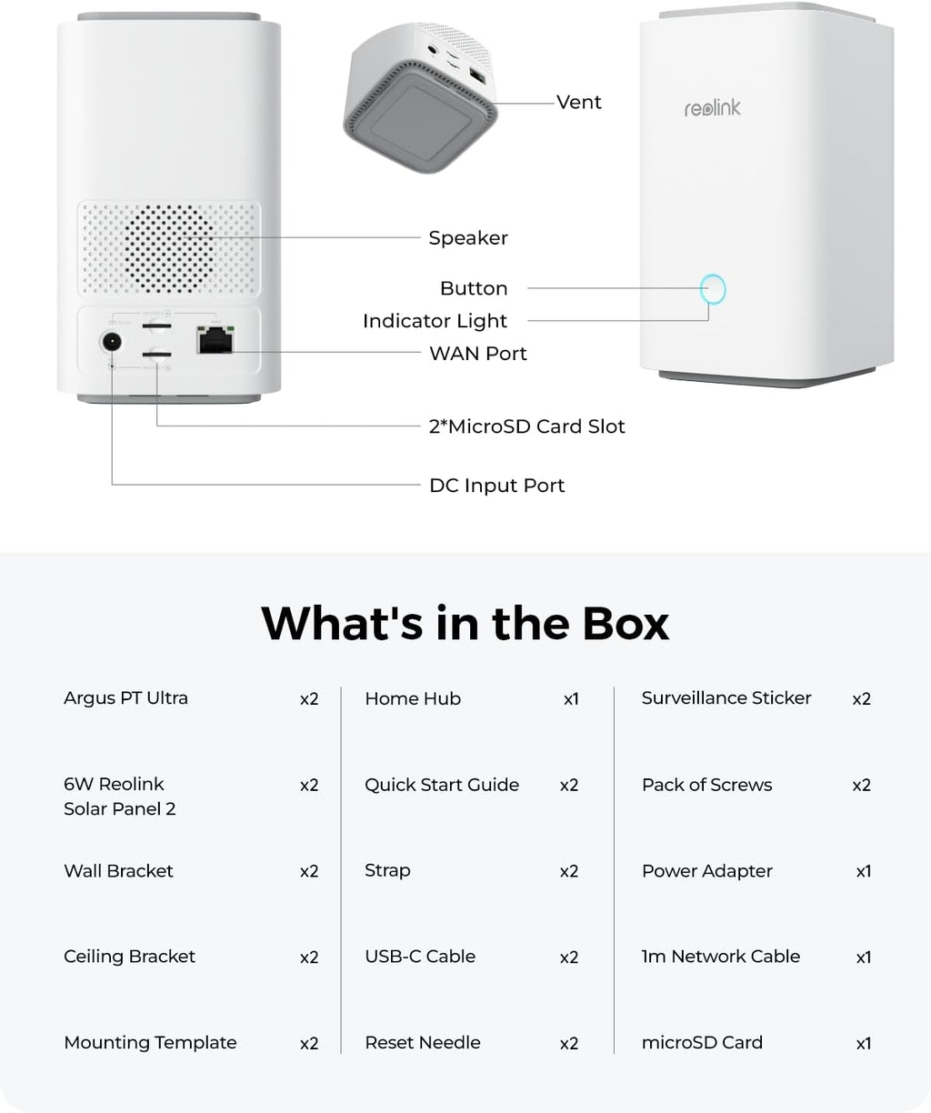 REOLINK 4K Solar Security Cameras Wireless Outdoor System, Color Night Vision, 360° Pan Tilt Auto-Tracking, 2.4/5 GHz Wi-Fi 6, Encrypted Local Storage, No Subscription, Home Hub with 2X Argus PT Ultra