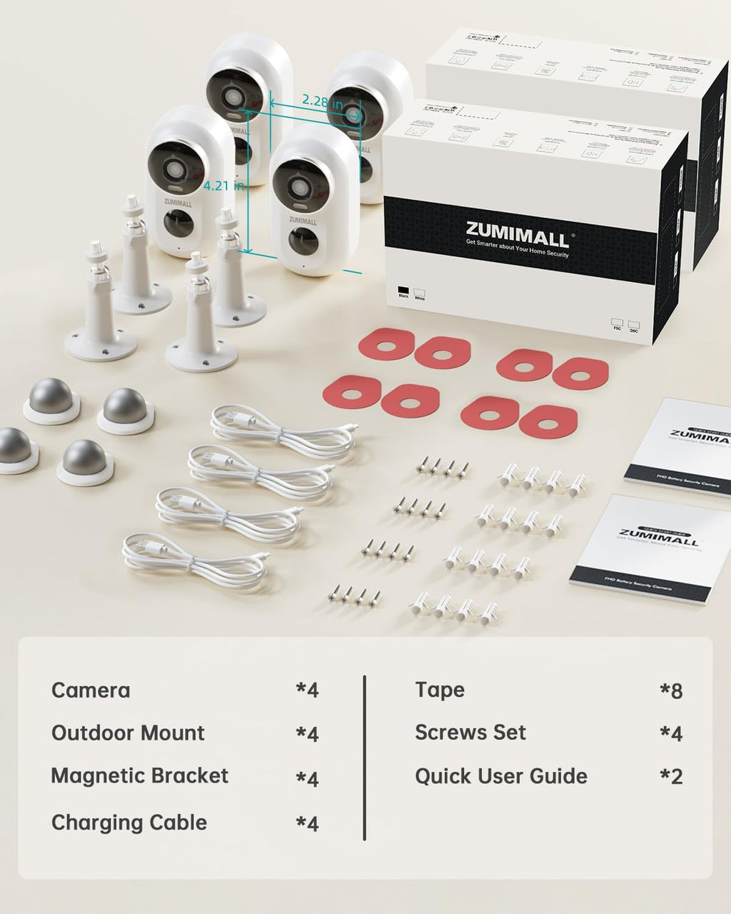 ZUMIMALL Security Cameras Wireless Outdoor, 4 Packs, 2K Cameras for Home Security, Outdoor/Indoor Camera Battery Powered, 2.4G WiFi, Magnetic Mount,3MP Color Night Vision/Siren/PIR/AI/Cloud/Alexa