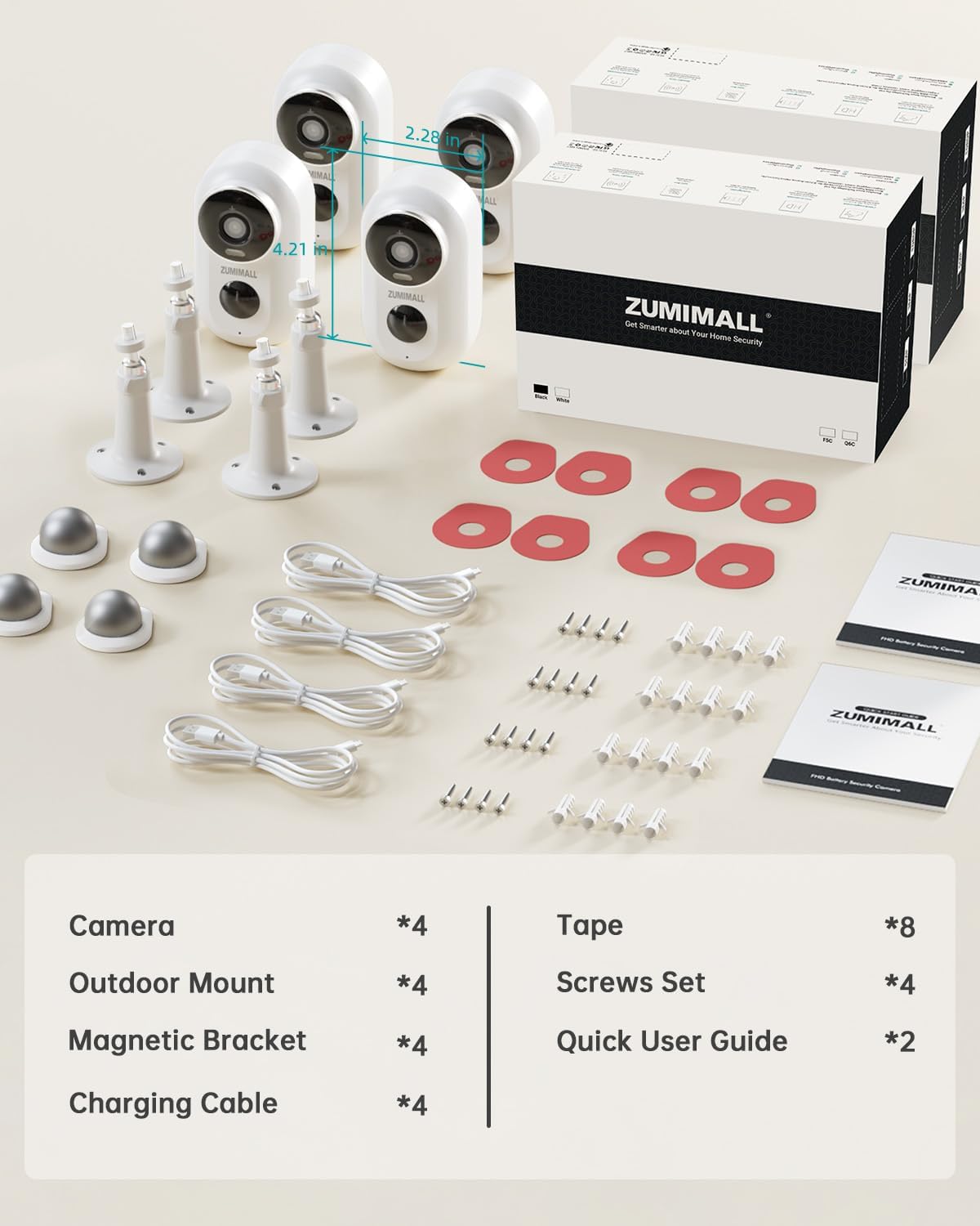 ZUMIMALL Security Cameras Wireless Outdoor, 4 Packs, 2K Cameras for Home Security, Outdoor/Indoor Camera Battery Powered, 2.4G WiFi, Magnetic Mount,3MP Color Night Vision/Siren/PIR/AI/Cloud/Alexa