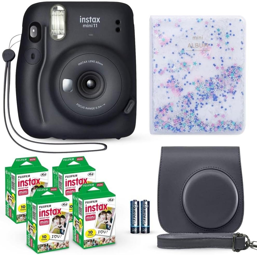 Fujifilm Instax Mini 11 Instant Camera Charcoal Gray + Fuji Film Value Pack (40 Sheets) + Shutter Accessories Bundle, Incl. Compatible Carrying Case, Quicksand Beads Photo Album 64 Pockets