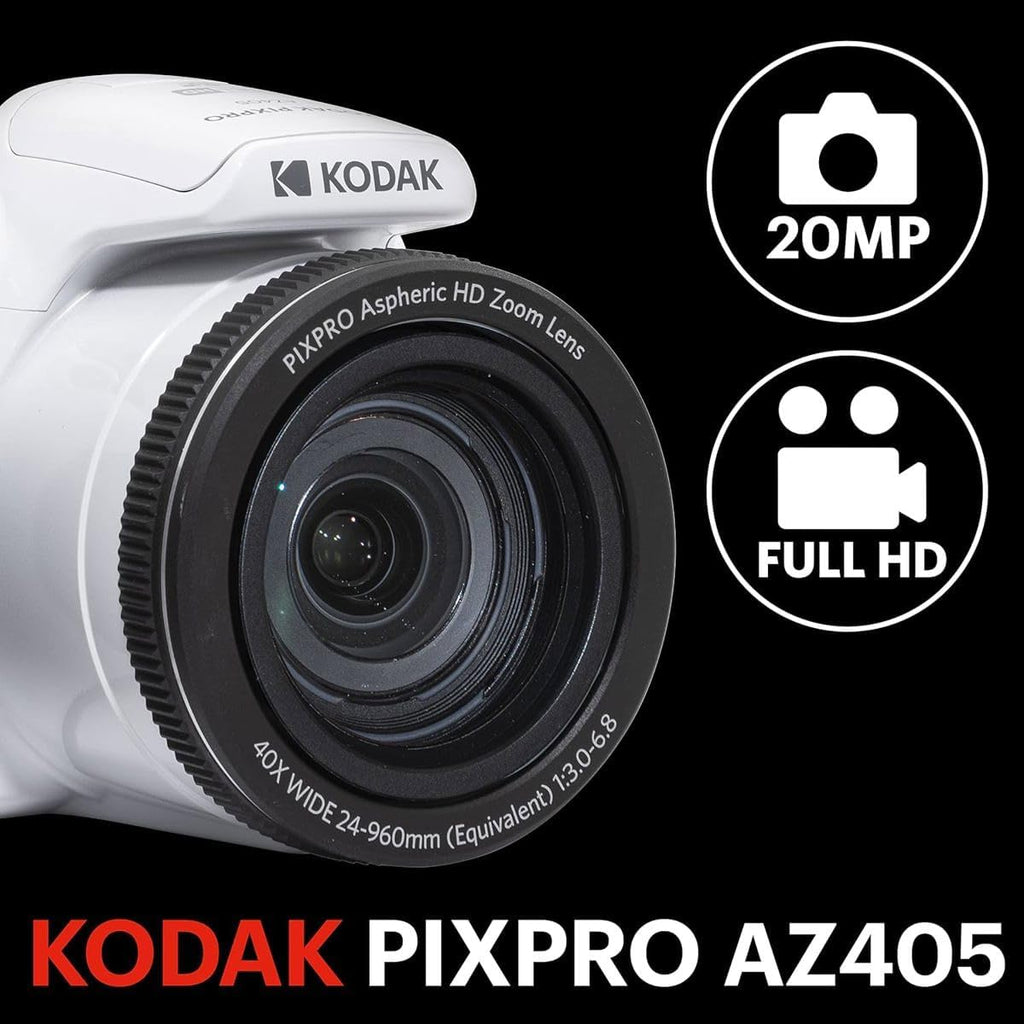 KODAK PIXPRO AZ405-WH 20MP Digital Camera 40X Optical Zoom 24mm Wide Angle Lens Optical Image Stabilization 1080P Full HD Video 3' LCD Vlogging Camera, Full Frame, with Bag & SD Card + Reader (White)