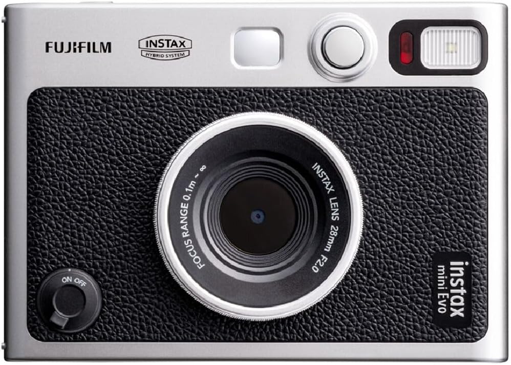 FUJIFILM INSTAX MINI EVO Hybrid Instant Camera | Black Bundle with Instax Mini Film | 20 Exposures + 64GB Micro SD Card + Mini Album, Borders, Stickers & Clips + Cleaning Cloth (5 Items)