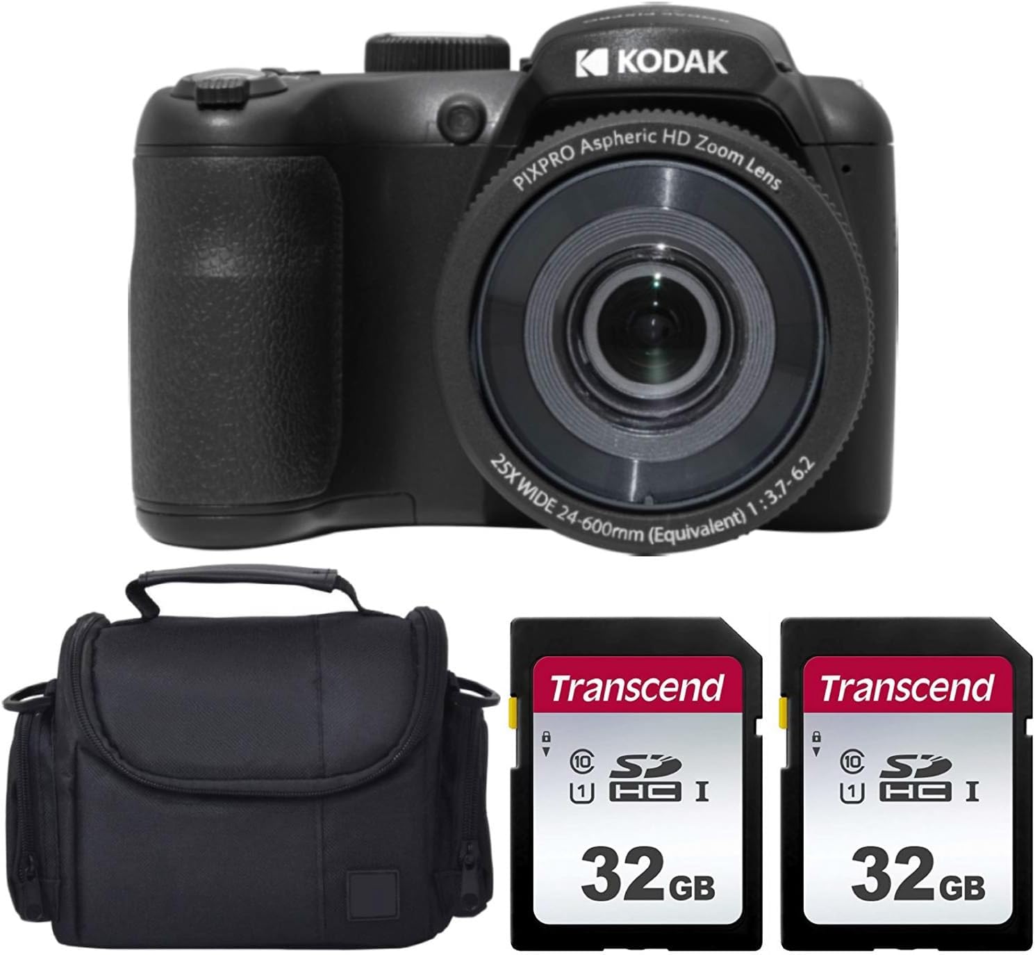 Kodak PIXPRO AZ255 Digital Camera + 32GB Memory Card (2) + Digital Camera/Video Case (Black)